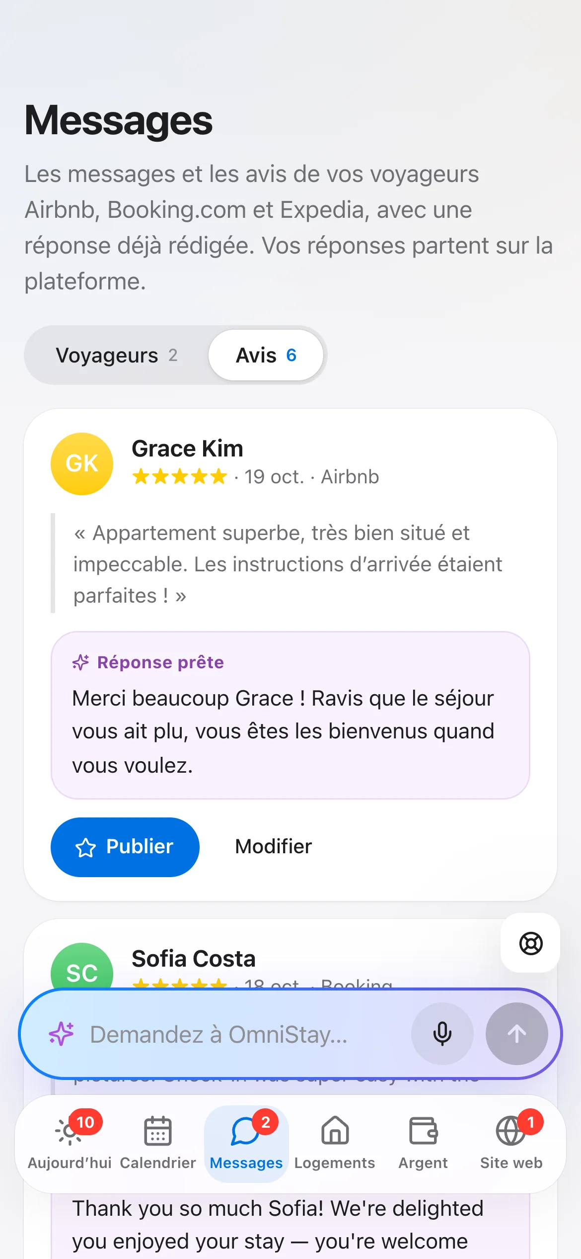 Les avis sur téléphone : la réponse prête sous l’avis de Grace, 5 étoiles sur Airbnb, avec les boutons Publier et Modifier.