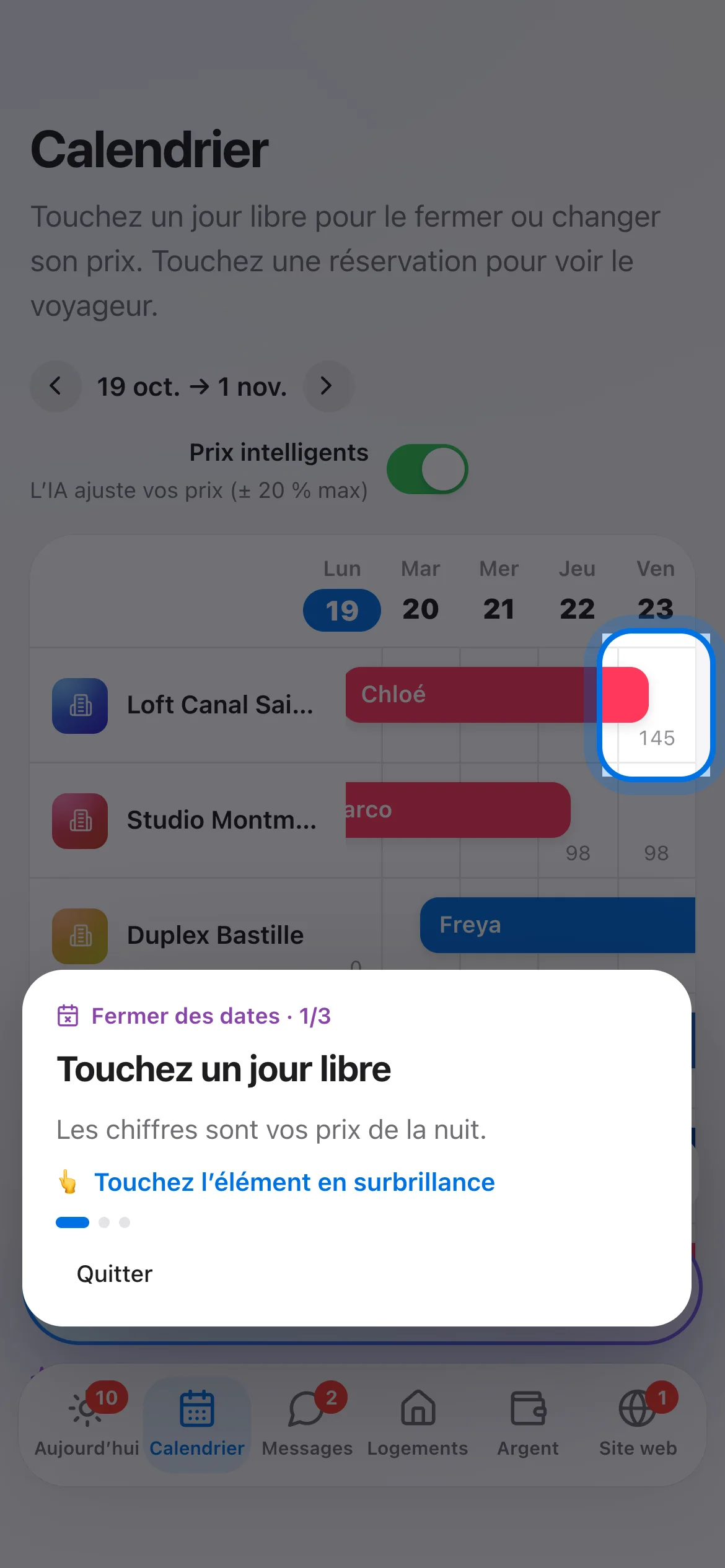 Un didacticiel en cours : « Fermer des dates, étape 1 sur 3 : touchez un jour libre », sur le calendrier.