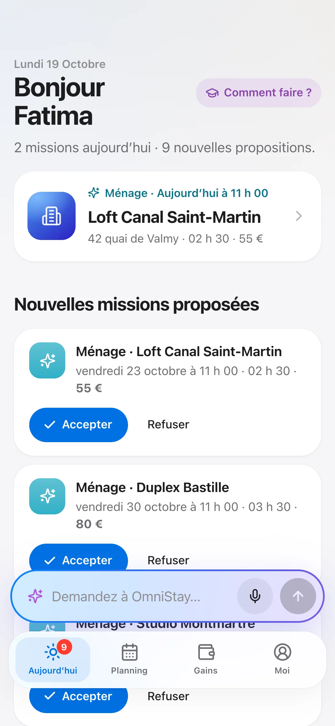 L’appli de l’équipe : « Bonjour Fatima, 2 missions aujourd’hui », avec les nouvelles missions à accepter.