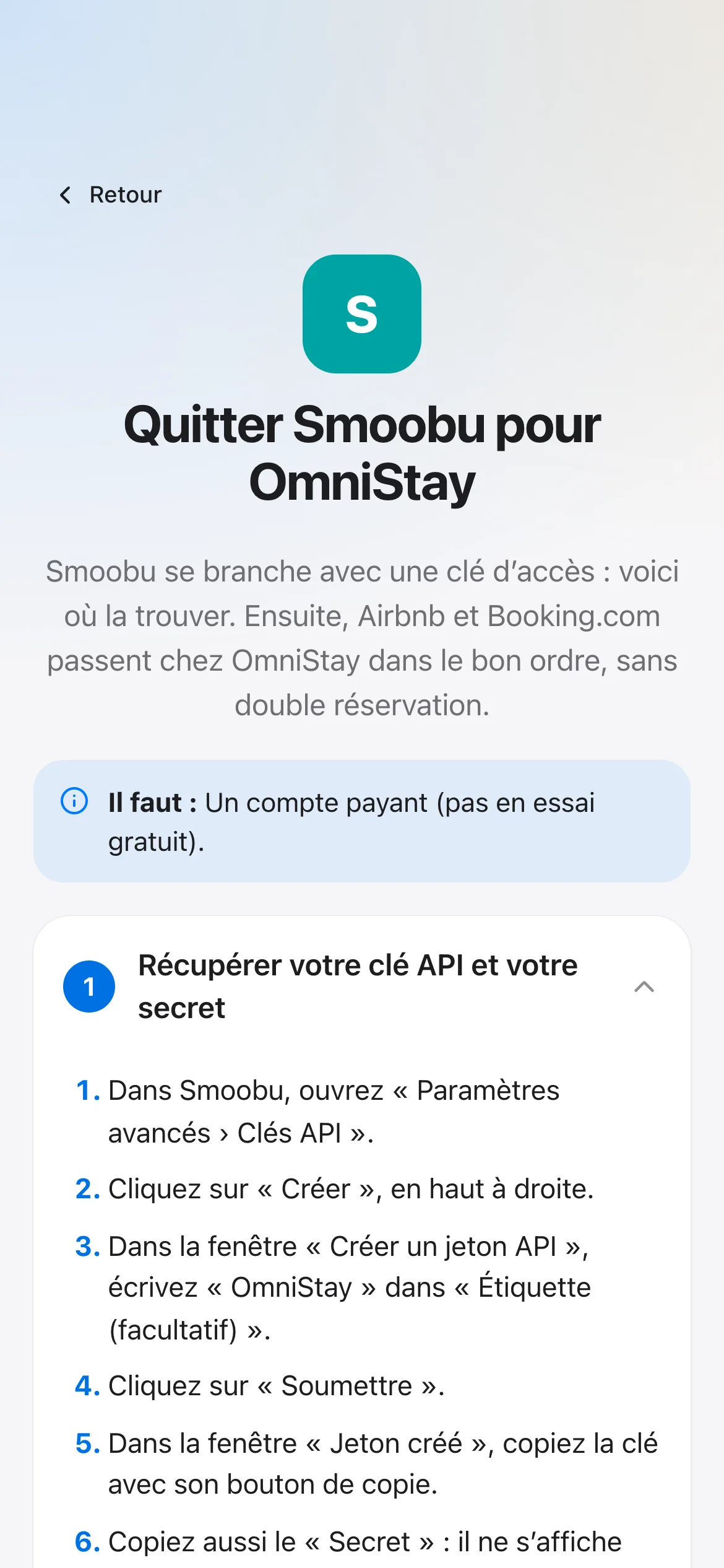 Le guide pour quitter Smoobu, sur téléphone : où trouver sa clé API, étape par étape.