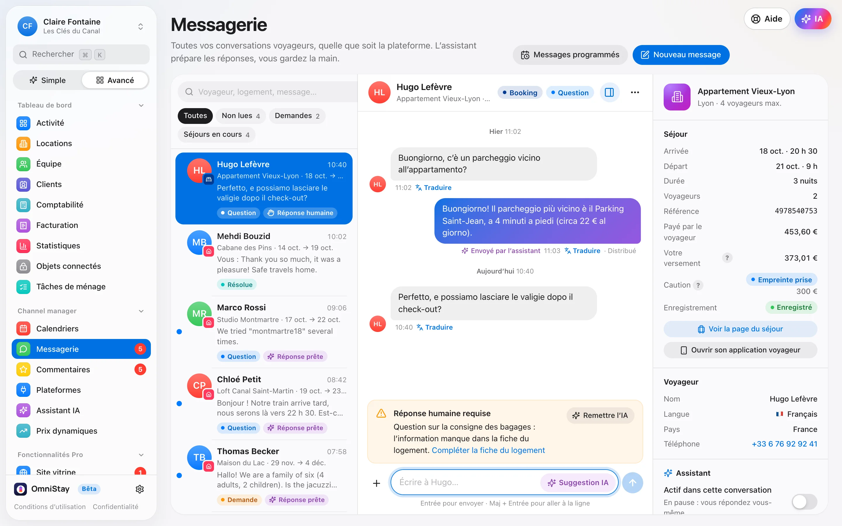 Le mode Avancé : la messagerie avec toutes les conversations, le séjour et le voyageur.
