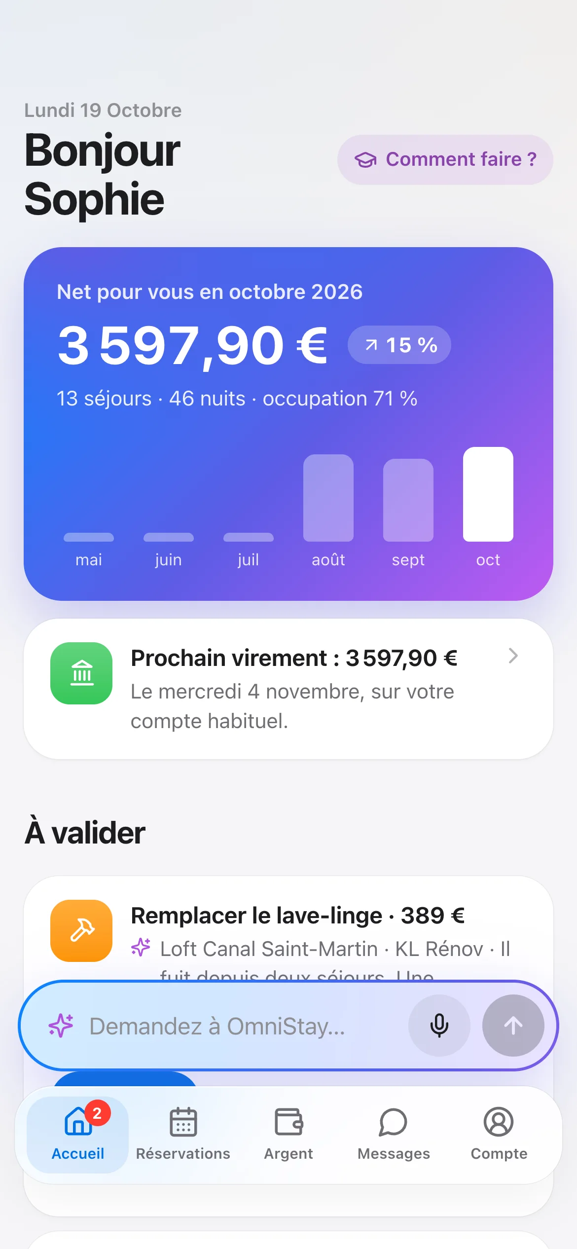 L’espace propriétaire : 3 940,66 € nets en octobre, le prochain virement et un devis à valider.